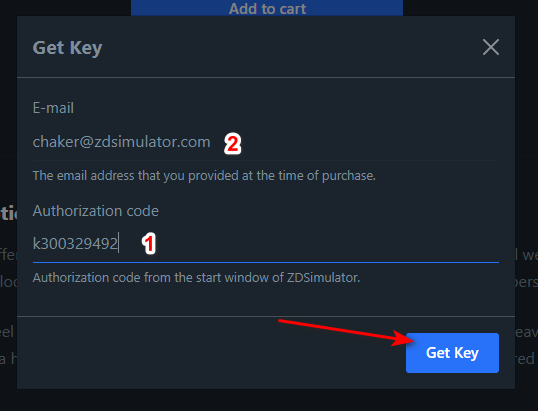 Fig. 4. Filling out the "Get a key" form: (1) Authorization code; (2) Email